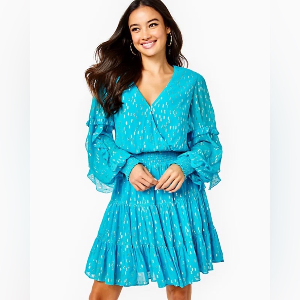 Lilly Pulitzer Heline Ruffle Dress Turquoise Oasis Viscose Metallic Dobby